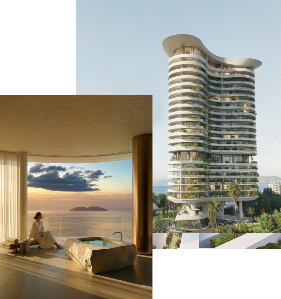 Luzaj Towers exterior and interior collage showing modern apartments in tirana albania